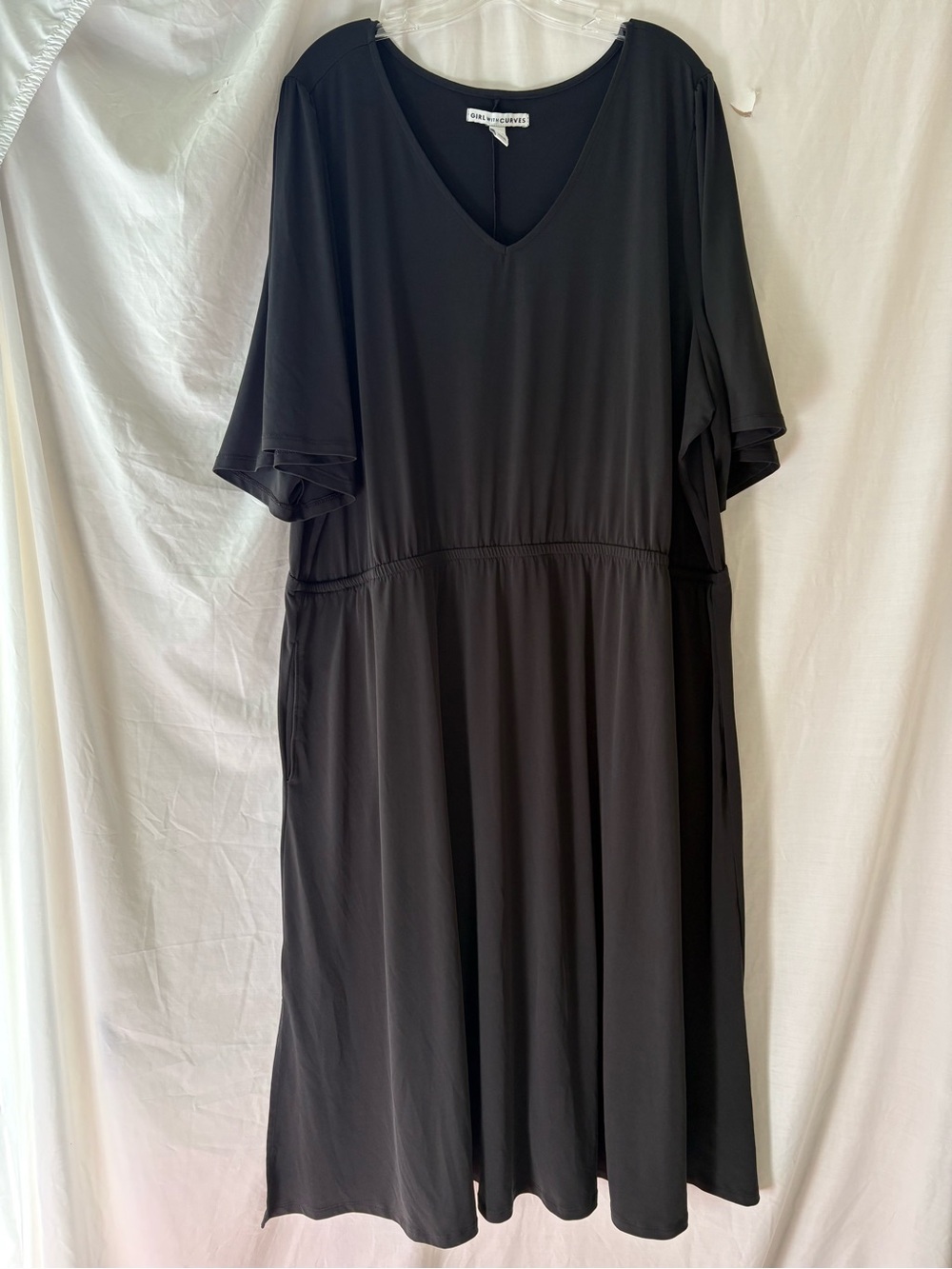 Girl With Curves Black V-Neck Midi Dress with Elastic Waistband